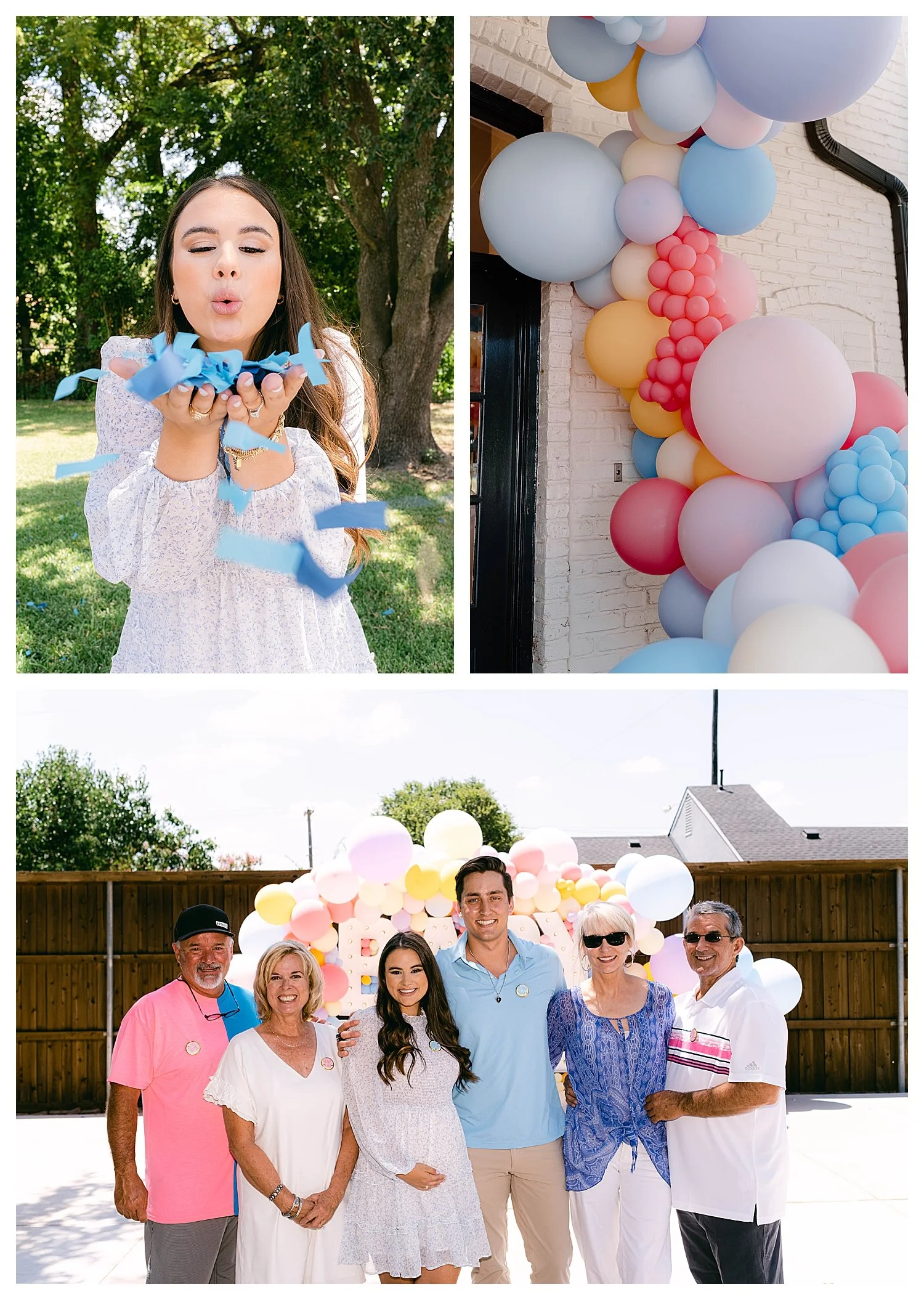 Mom-to-be blowing blue confetti and family portraits in front of a pastel balloon garland at a Dallas baby shower