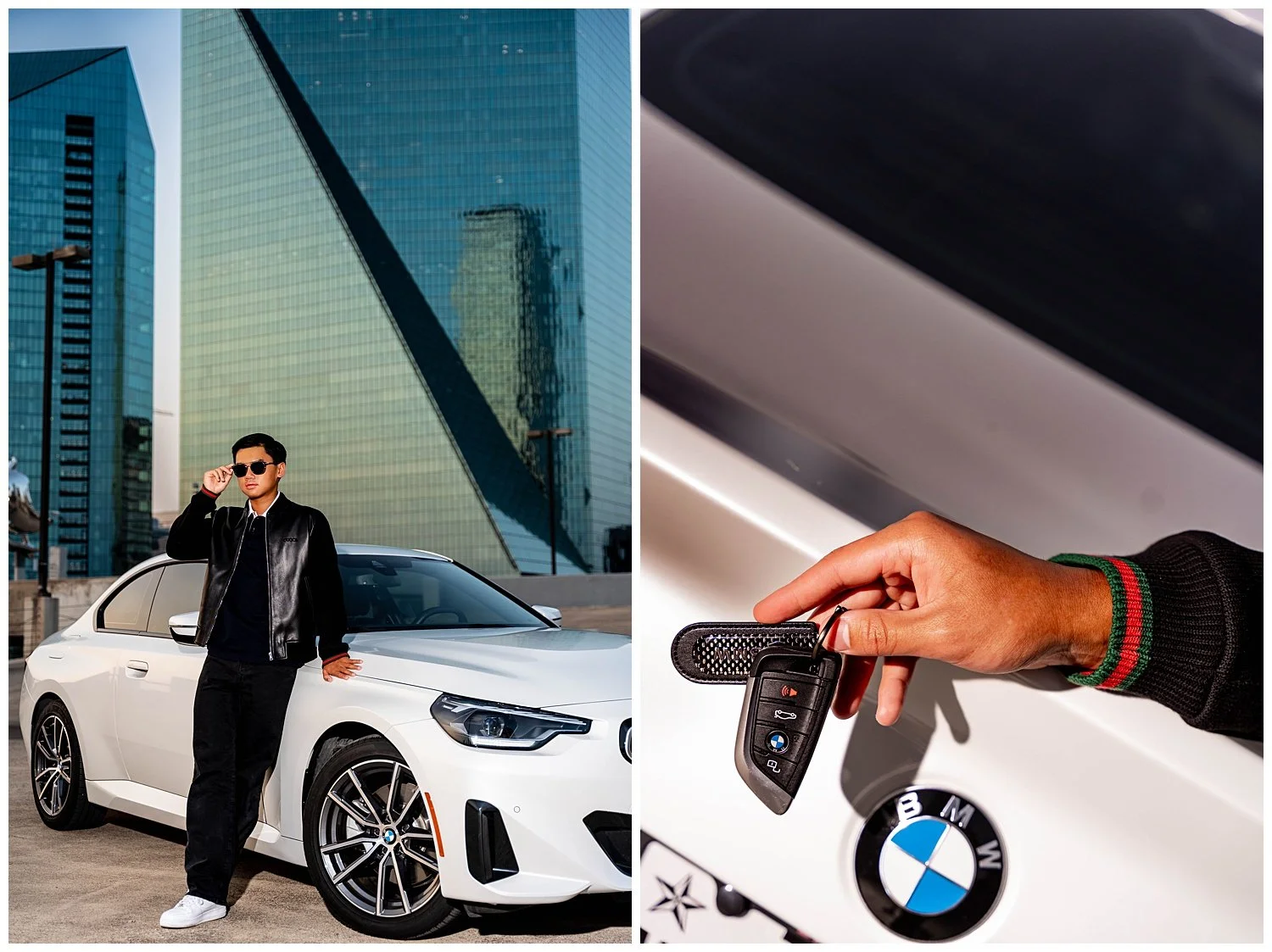 Preston leaning on his first car with the downtown Dallas skyline behind him, and a detail of his hand holding the BMW key