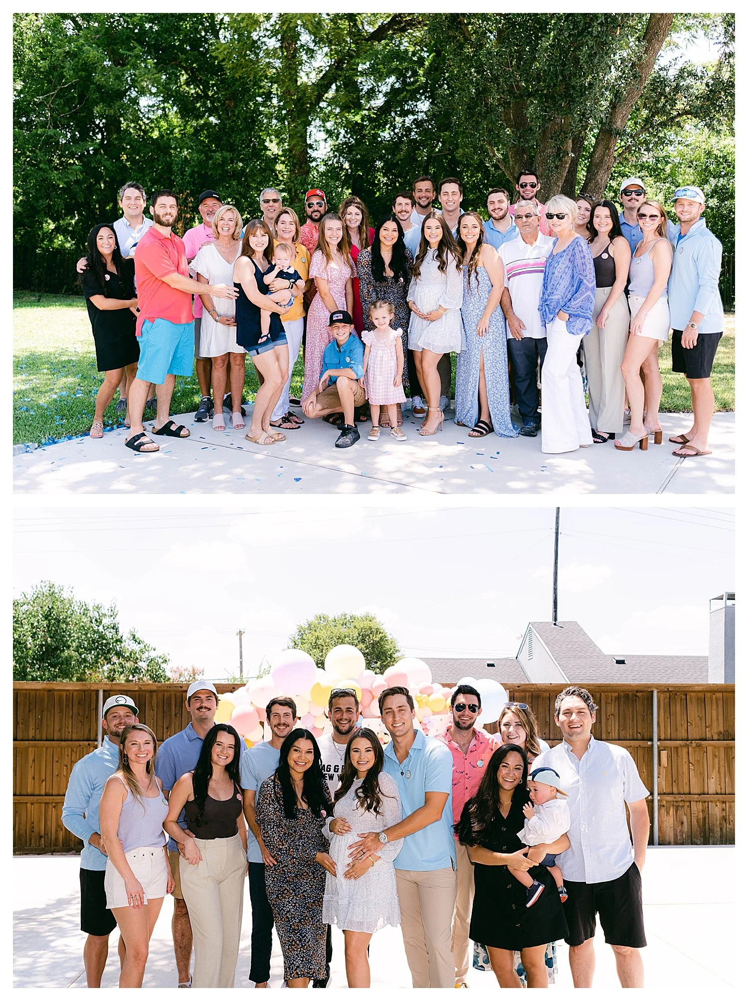 Large family and friends group photos at an outdoor Dallas baby shower and gender reveal