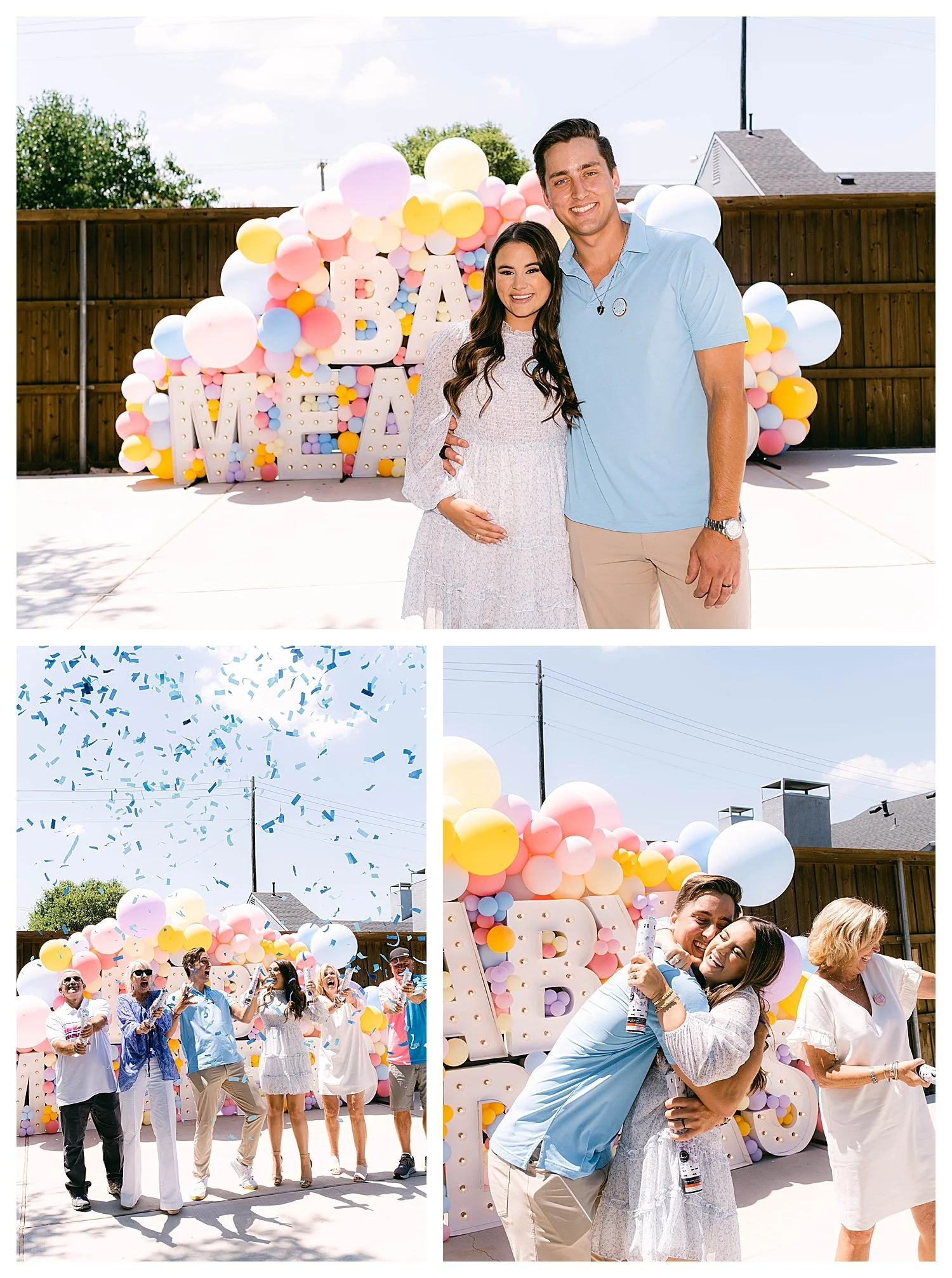 Expecting couple at the Baby Meaders marquee sign as guests pop blue confetti cannons at a Dallas gender reveal