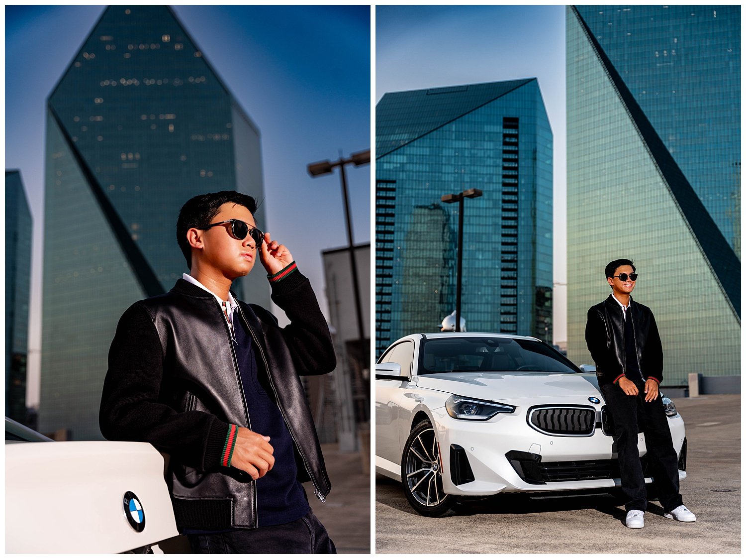 16th birthday portraits of Preston in a black leather bomber jacket against the downtown Dallas skyline