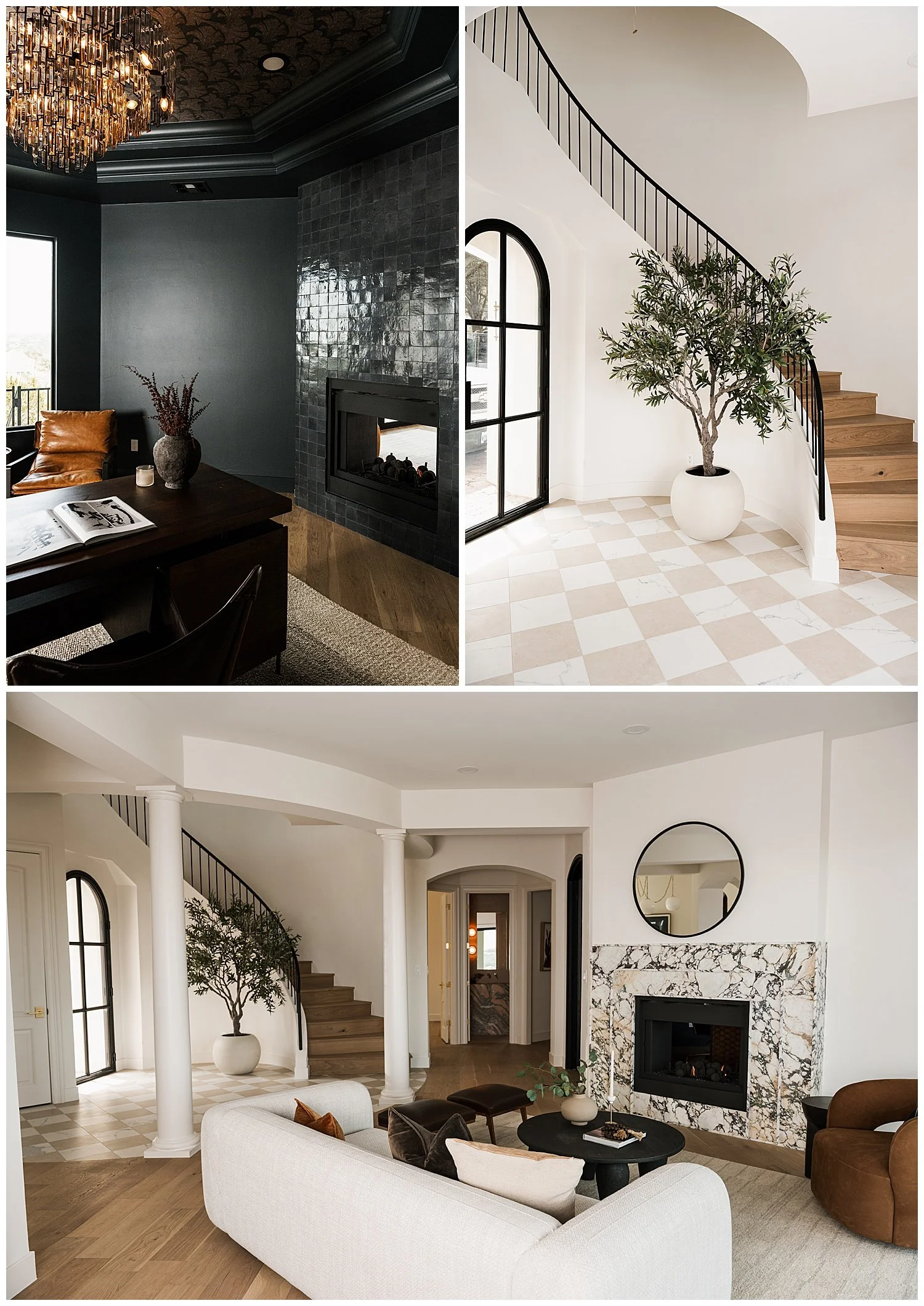 Dark study with black zellige tile fireplace, curved staircase with checkerboard marble entry, and living room in a Barton Creek Austin renovation
