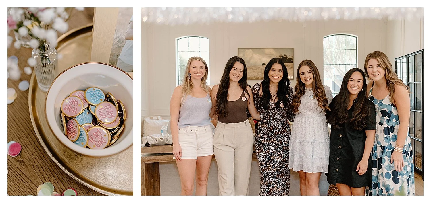 Team Boy and Team Girl pins and friends of the mom-to-be at a Dallas baby shower and gender reveal