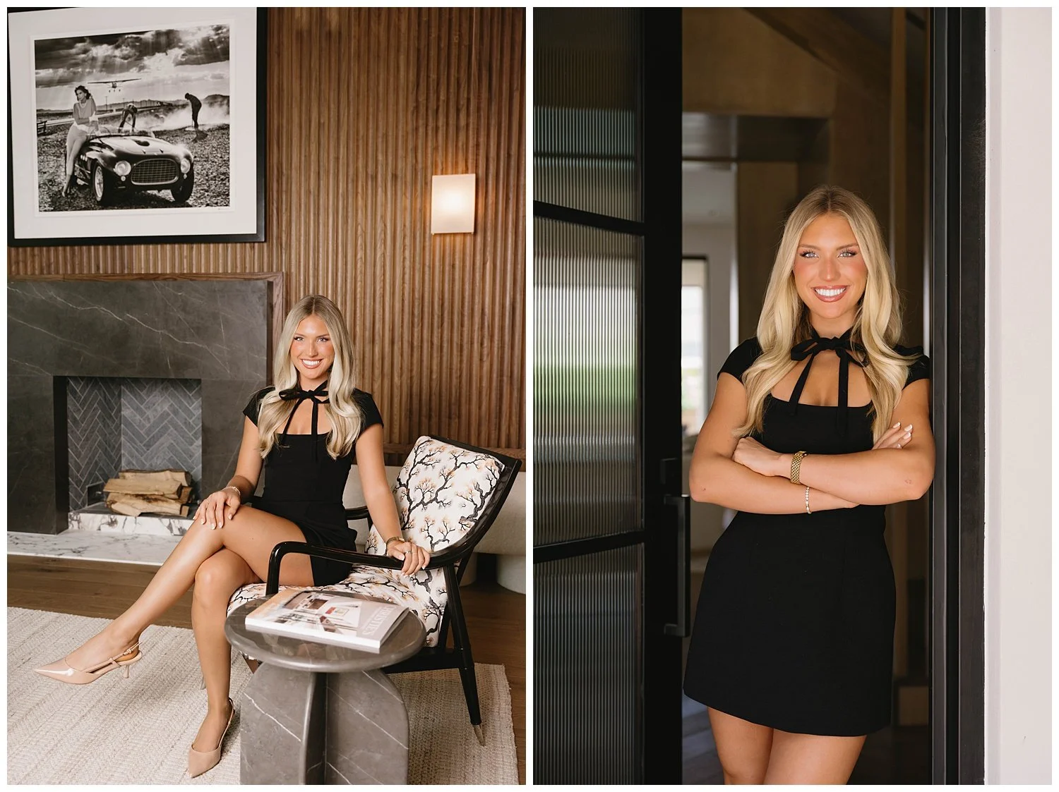 Realtor headshots of a Christie's International Real Estate agent by a stone fireplace and black steel doorway in a modern Dallas home