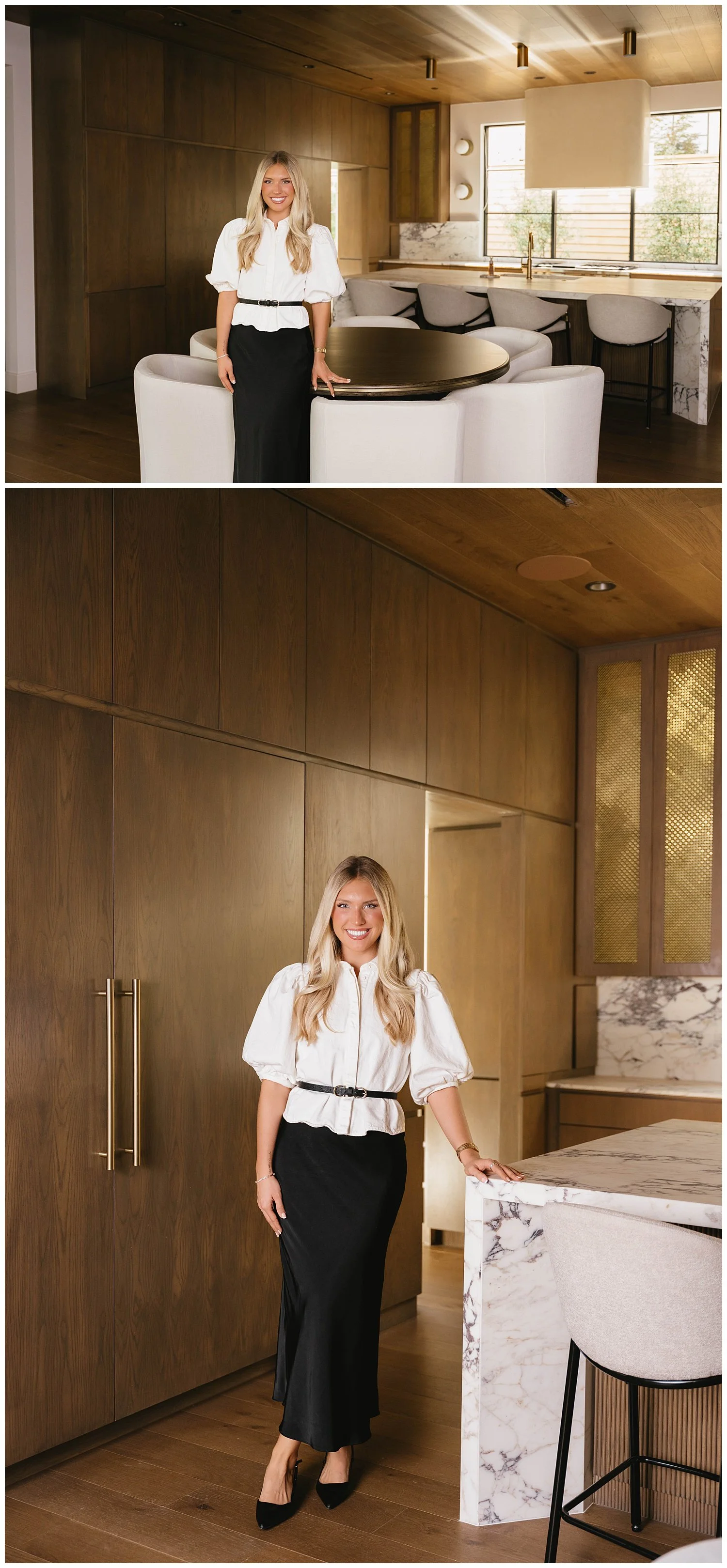 Full-length realtor headshots in a wood-paneled dining room and marble kitchen during a Dallas agent branding session