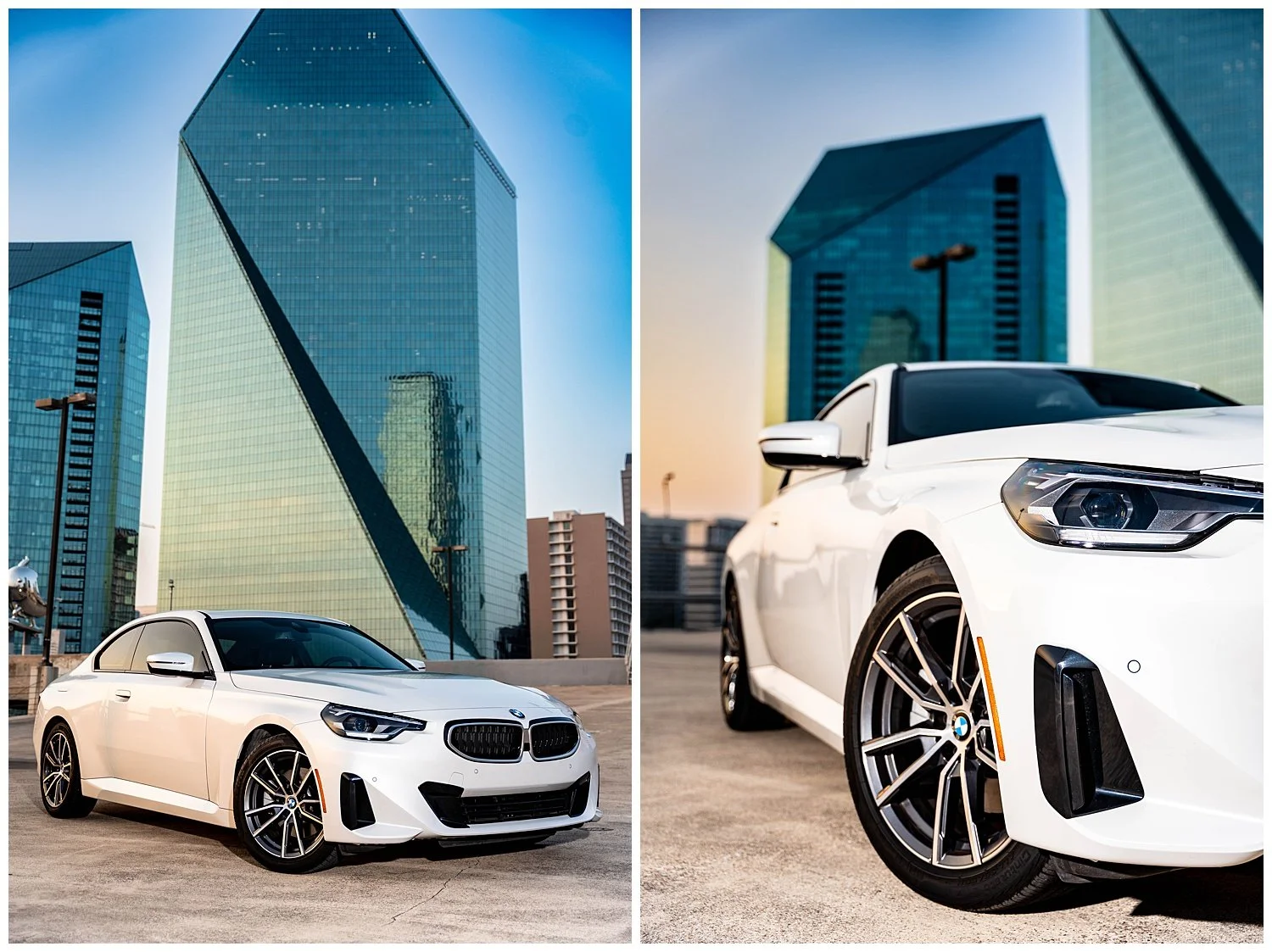 White BMW coupe photographed in front of Fountain Place on a downtown Dallas rooftop at golden hour