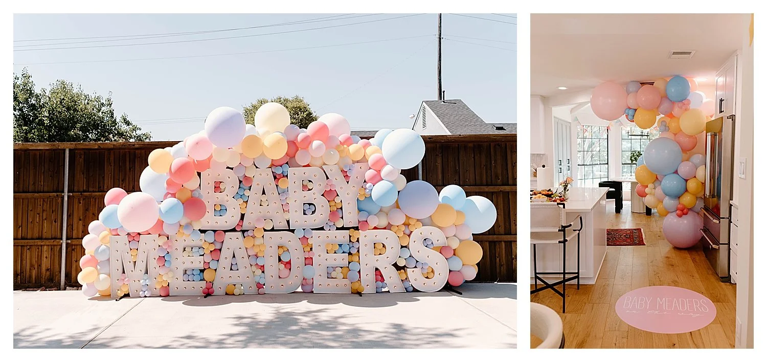 Light-up BABY MEADERS marquee letters with a pastel balloon garland at a Dallas gender reveal party