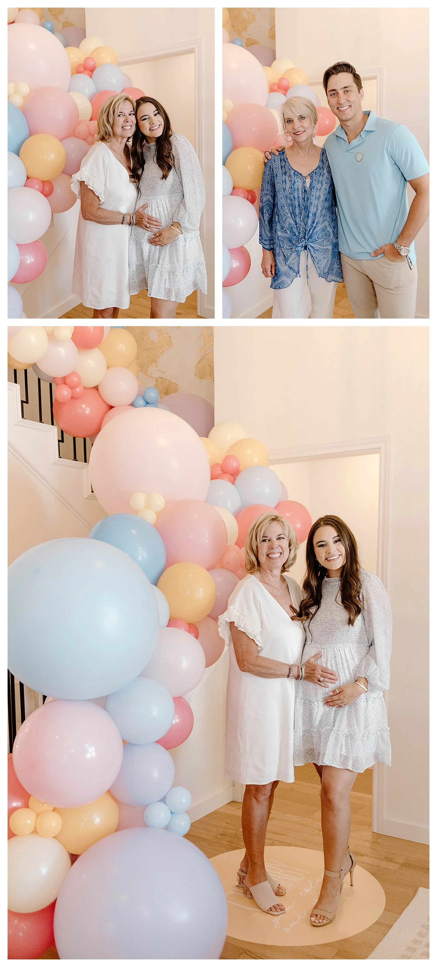 Rachel Meaders and her mom in front of a pastel balloon garland at her Dallas baby shower and gender reveal