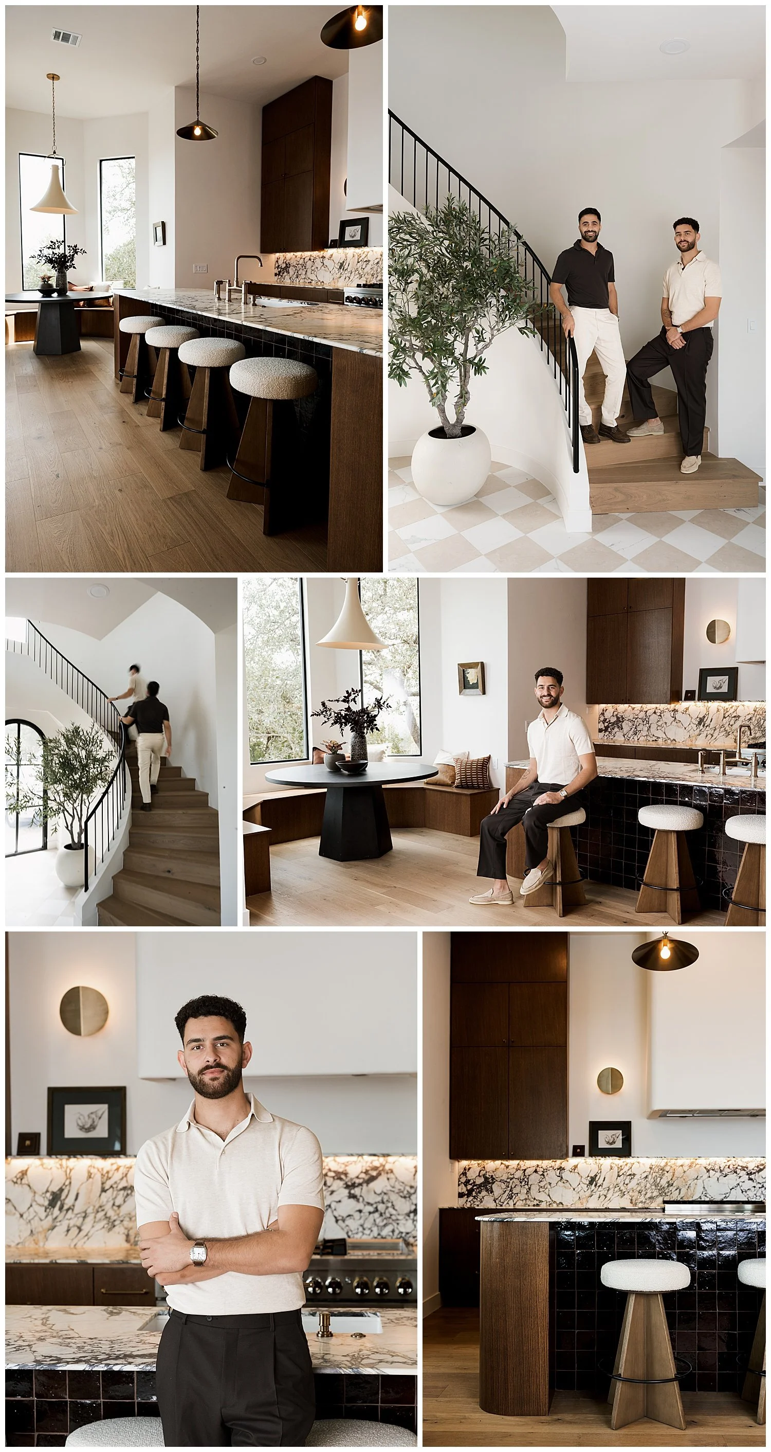 New Edge Renovation builders on the curved staircase and in the marble and black tile kitchen of their Barton Creek Austin renovation