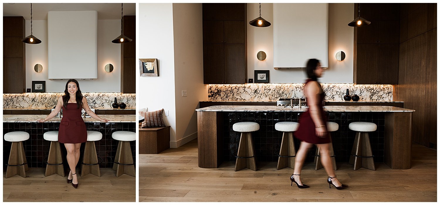 Kitchen island with Calacatta Viola marble counters, black zellige tile and boucle stools in a Barton Creek Austin kitchen remodel