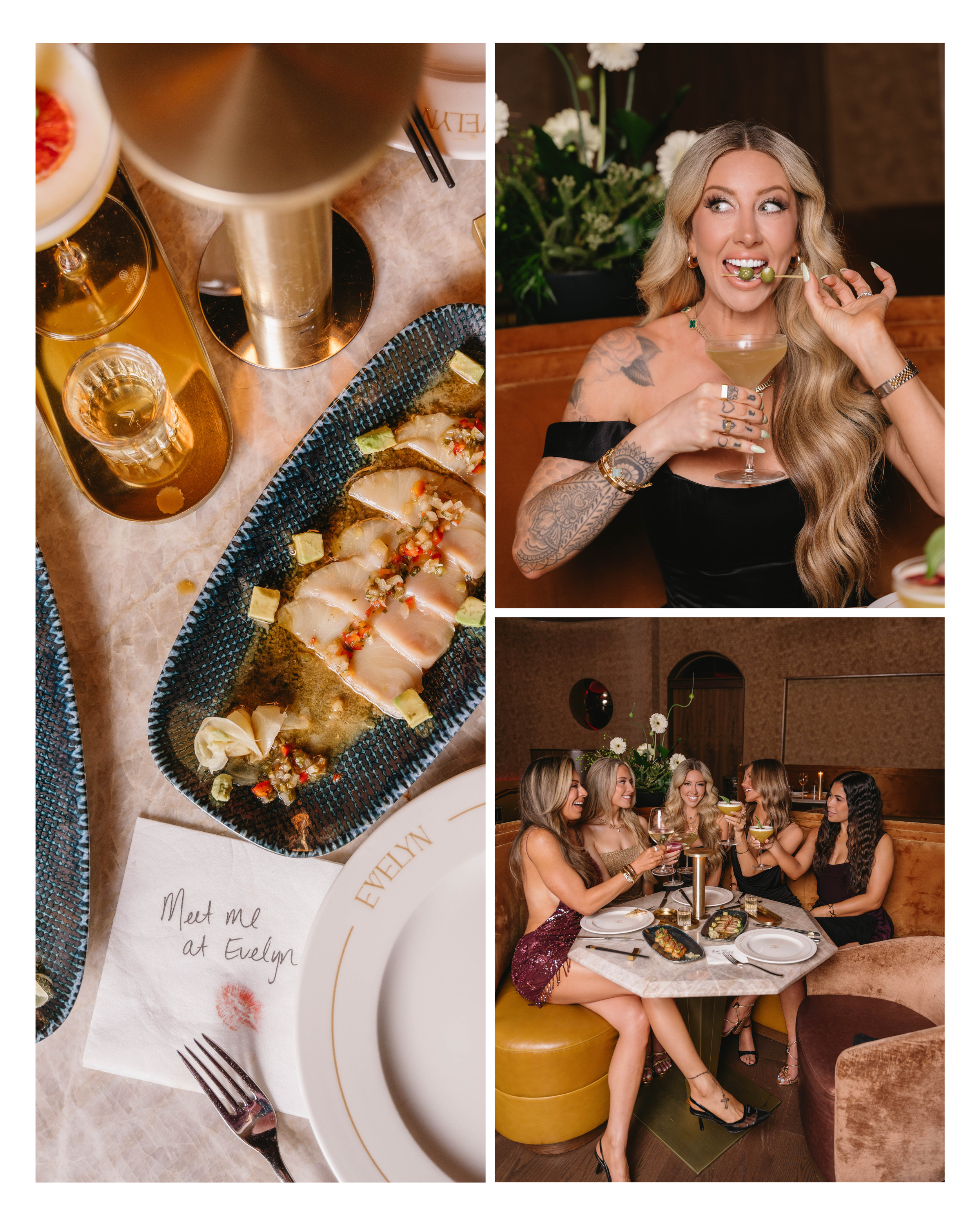 Crudo platter with a Meet Me at Evelyn napkin, a martini portrait, and the group at their table at EVELYN Dallas