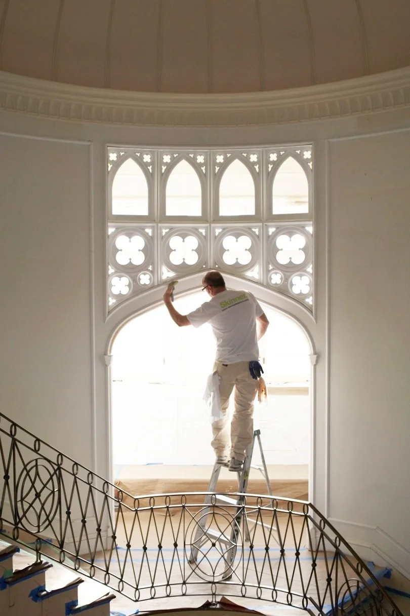 Detailed plasterwork and custom moulding bring the original charm of an old country estate back to life. 