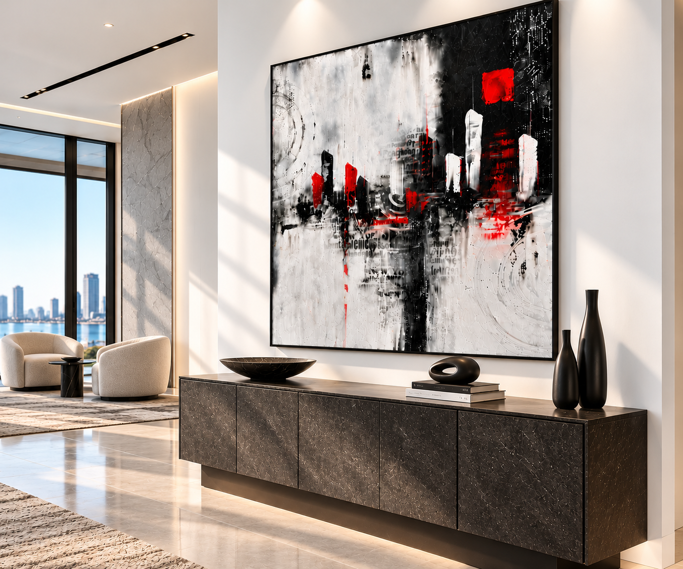 RED DISTRICT — Made-to-Order Black, White & Red Urban Abstract Painting