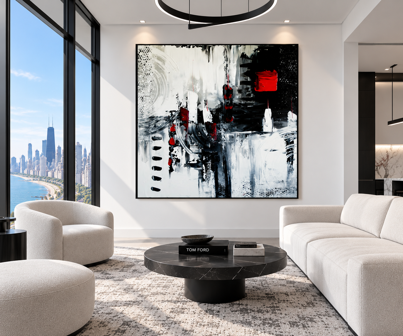 CHICAGO NOIR — Made-to-Order Black, White & Red Abstract Painting