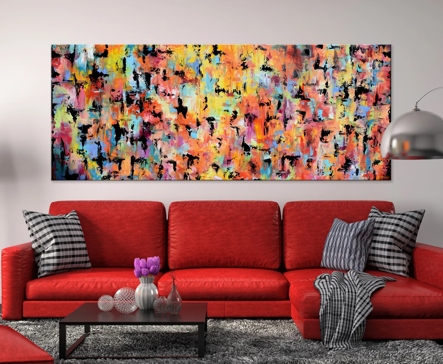 interior with red sofa. 3d illustration