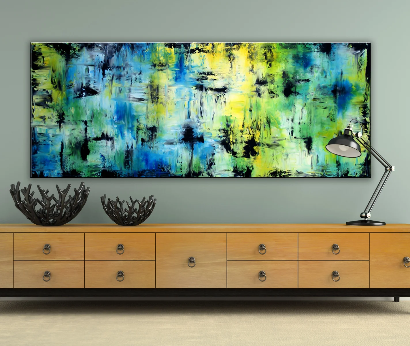 Part of  interior with retro consol and black lamp 3D rendering
