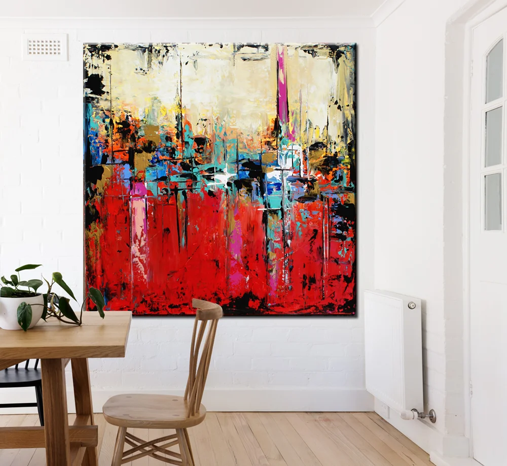 Blank framed print on white wall in danish styled interior dinin