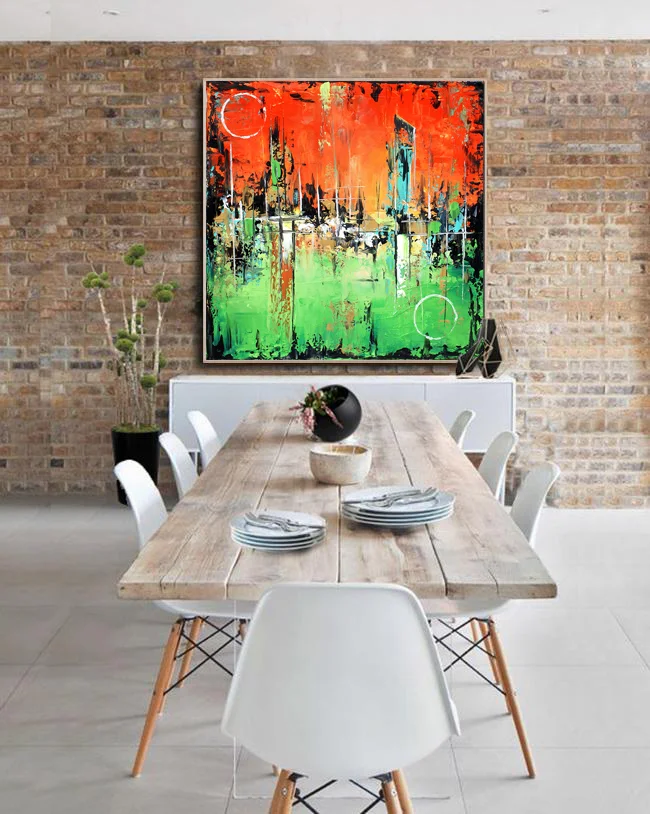 Large Abstract Green and Orange,  Abstract Painting, Modern Art, Gold accents wall art, Painting on Canvas Contemporary Wall Art #SQ018