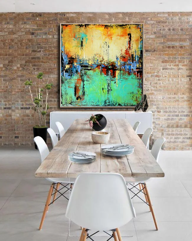 Large Abstract Aqua Green and Cream, teal Abstract Painting, Modern Art, Gold accents wall art, Painting on Canvas Contemporary Wall Art #SQ017