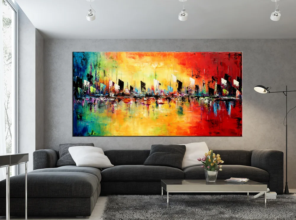 Large Abstract Skyline  painting,  Large Handmade Abstract Painting on canvas,  contemporary slim and long wall art #PSL011