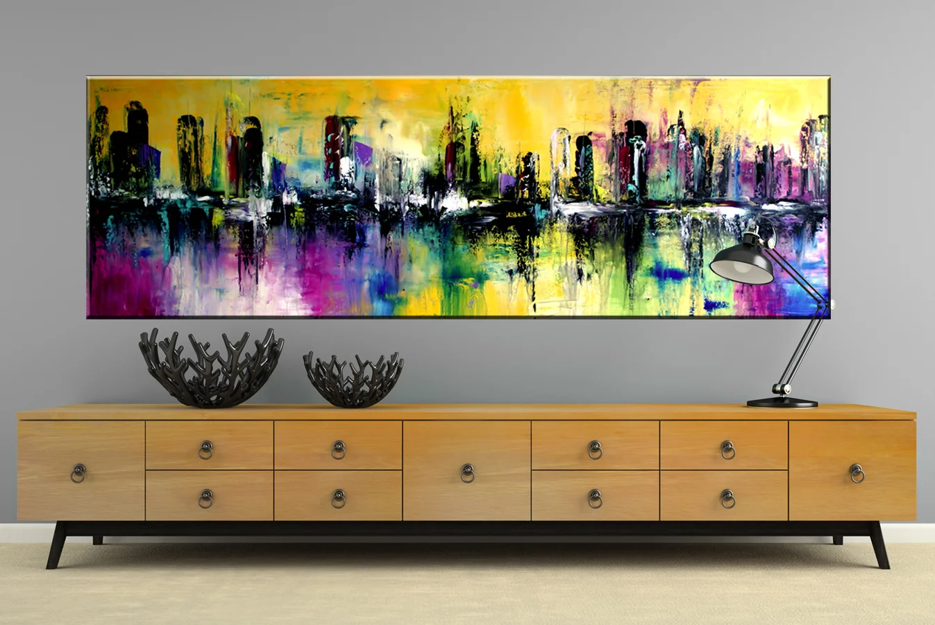 Purple and Yellow Large Abstract painting,  Large Handmade Abstract Painting on canvas,  contemporary slim and long wall art #PSL012