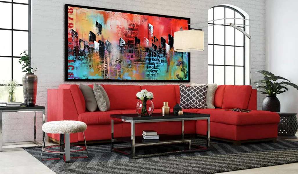 Large Abstract orange and Aqua green painting,  Handmade Abstract Urban Painting Art,  Original Painting on Canvas aqua, orange, yellow #PSL013