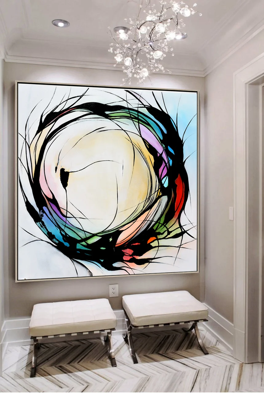 Handmade Large abstract painting, Black and white circle painting on canvas, hand painted minimalist modern art, large abstract wall art #BWB16