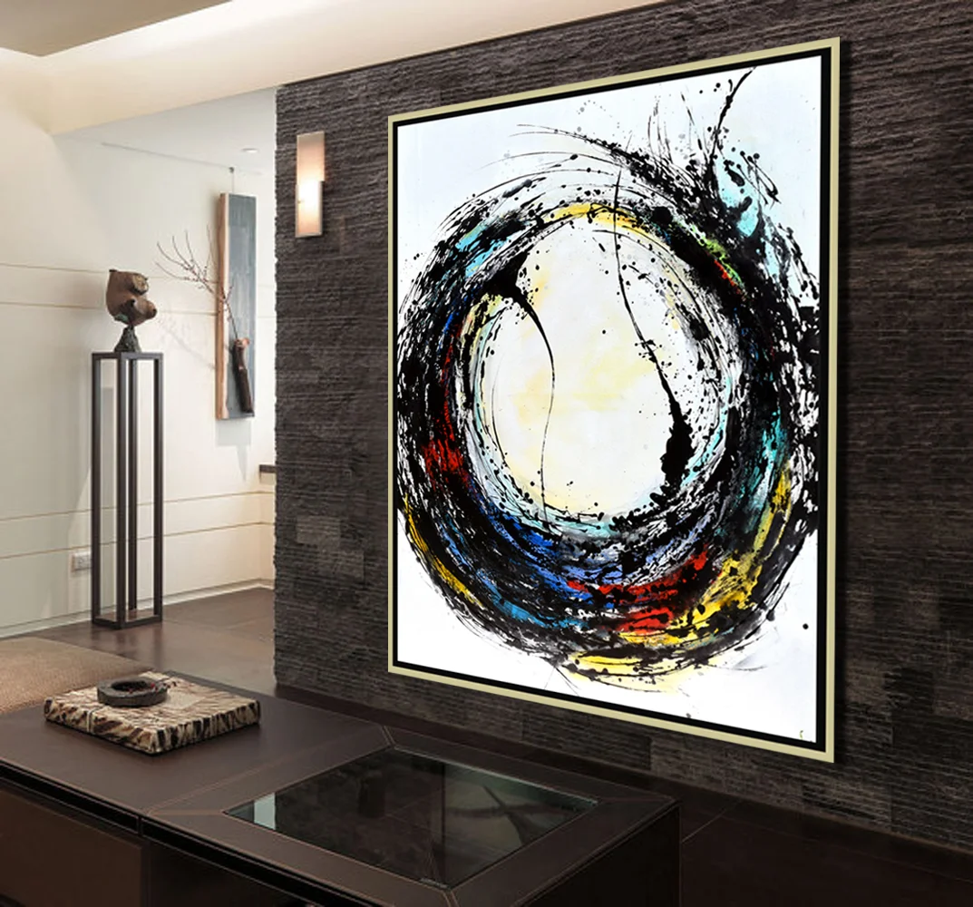  Large abstract rectangular painting, Black and white circle painting on canvas, hand painted minimalist modern art, large abstract wall art #BWB018