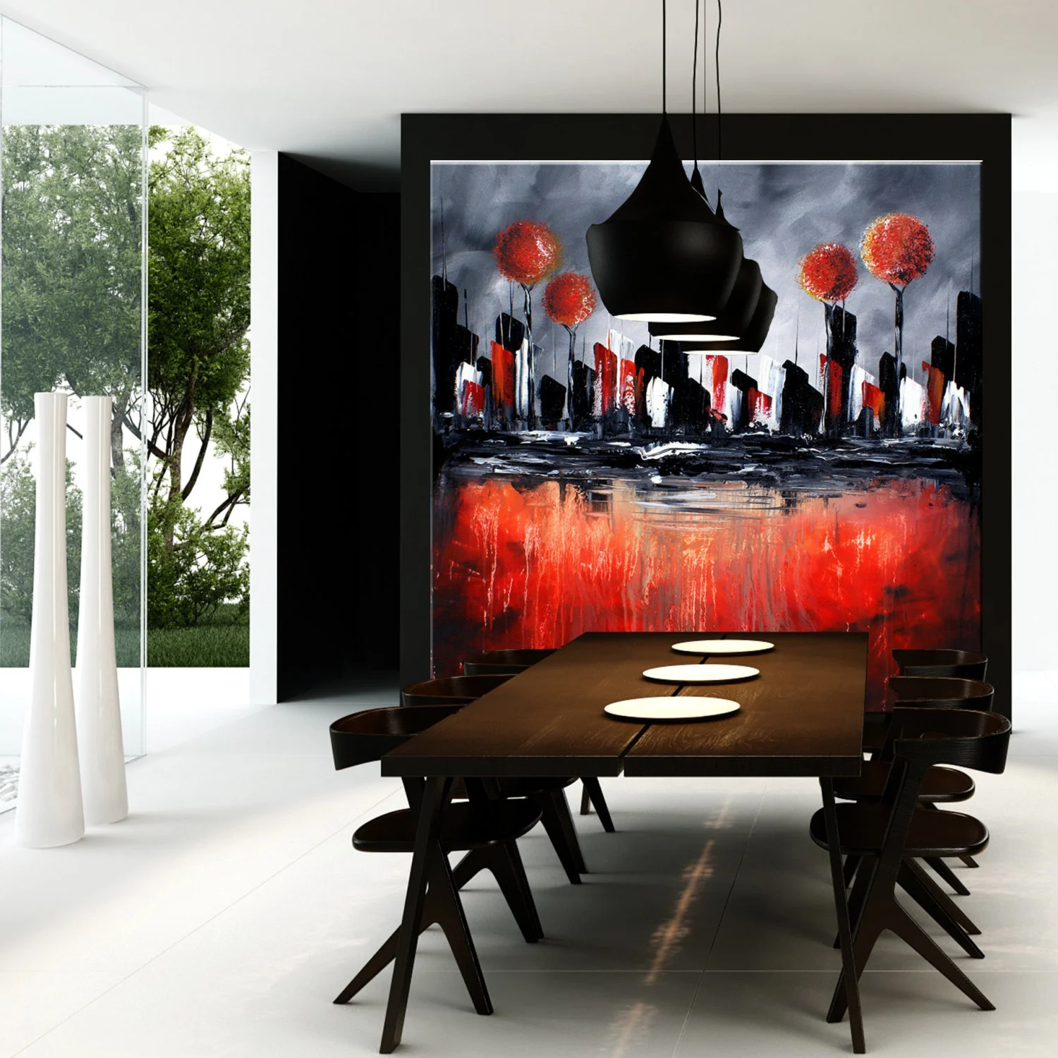 Handmade Original  Large Abstract Red Cityscape Art Painting, Grey colors Original Contemporary modern Tree art ,Reds, Oranges,Silver art #SQ019