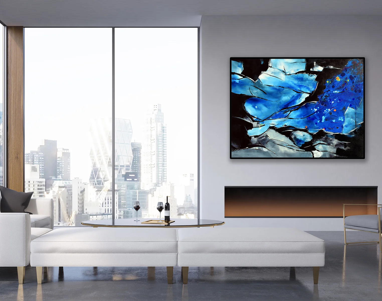 Living room with fireplace, corner