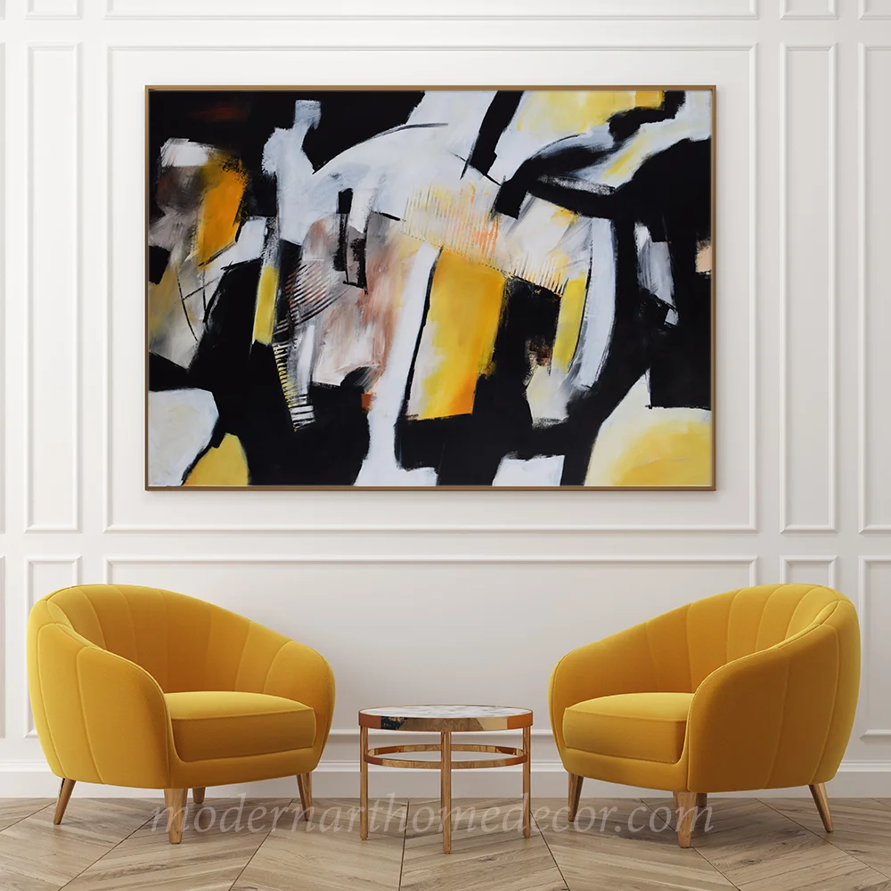 White living room, yellow armchairs, poster