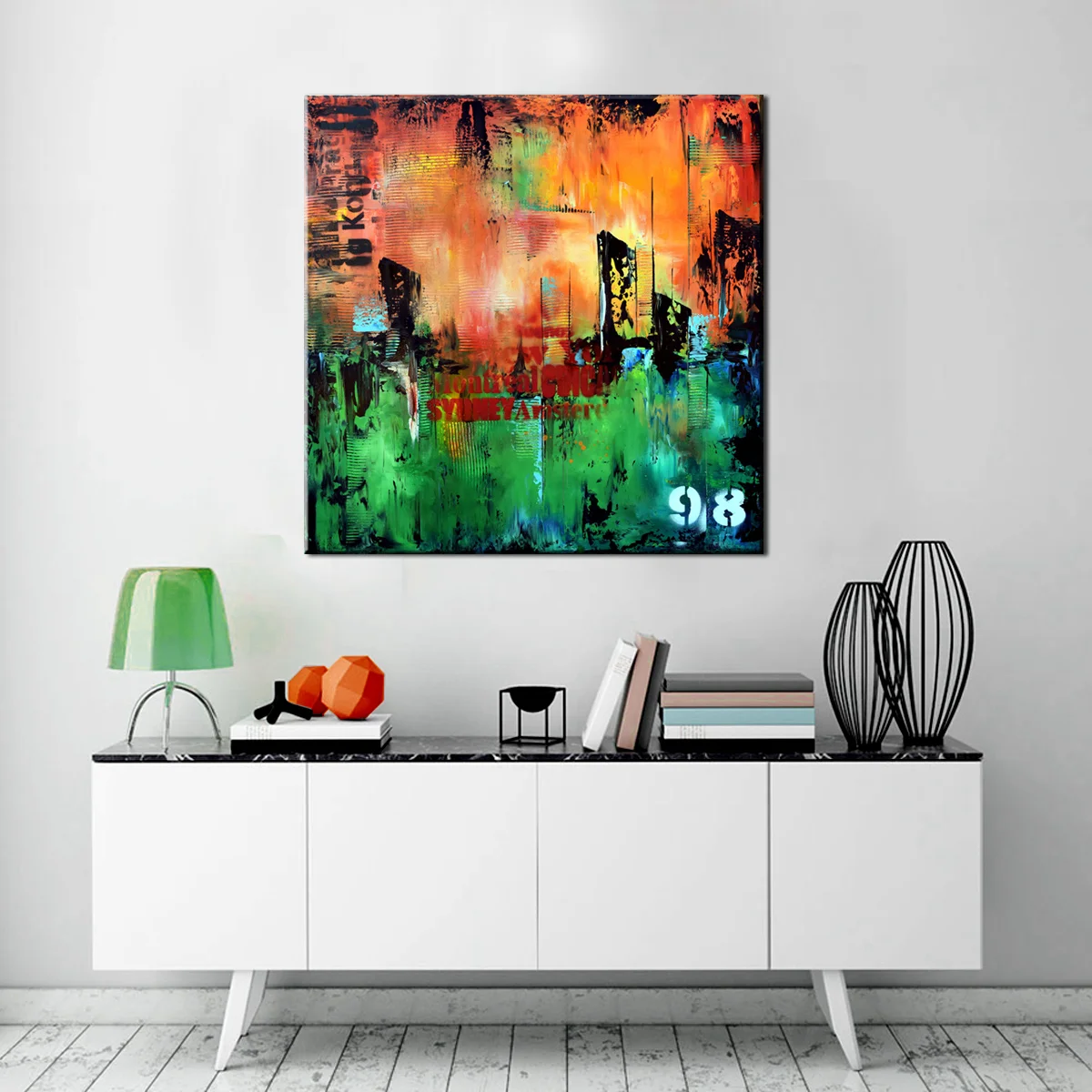 No 98 - 24"x24" Green and Orange Abstract urban art, Modern Painting, Original Wall Art #ORG23