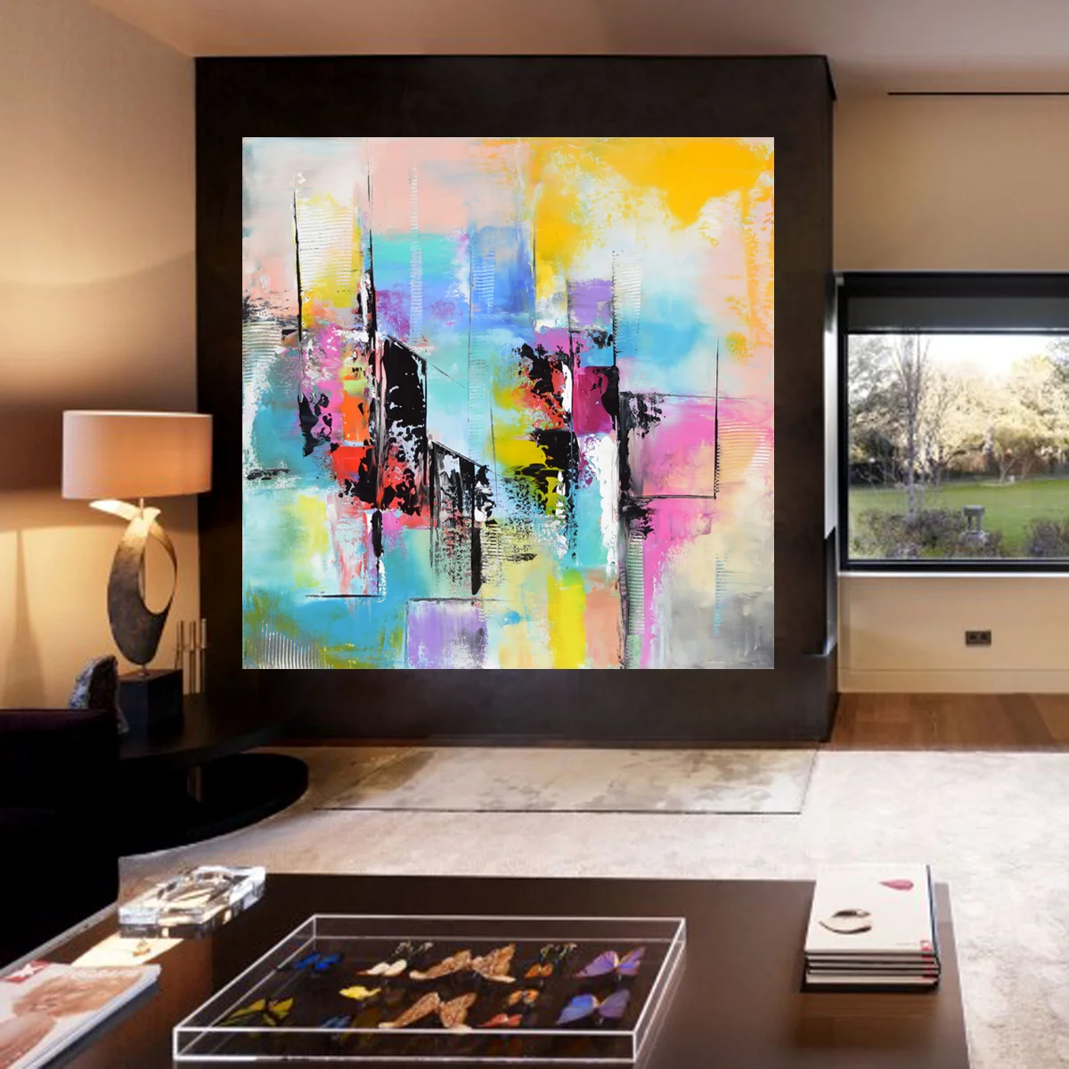 Large Abstract Painting On Canvas , Handmade Original Wall Art, Extra Large Abstract Art on Canvas, Yellow, Orange, Blue, Pink, Cream #SQ021