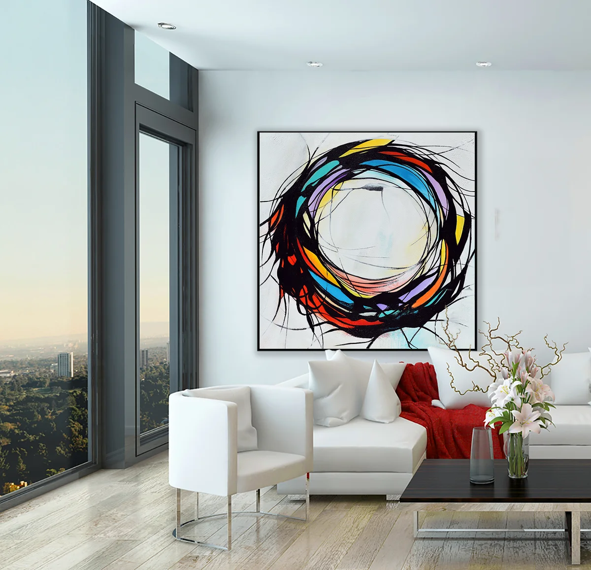 Dream Catcher #2-Abstract Painting, Large Handmade Abstract Painting On Canvas, Contemporary Wall Art Black And White Circle