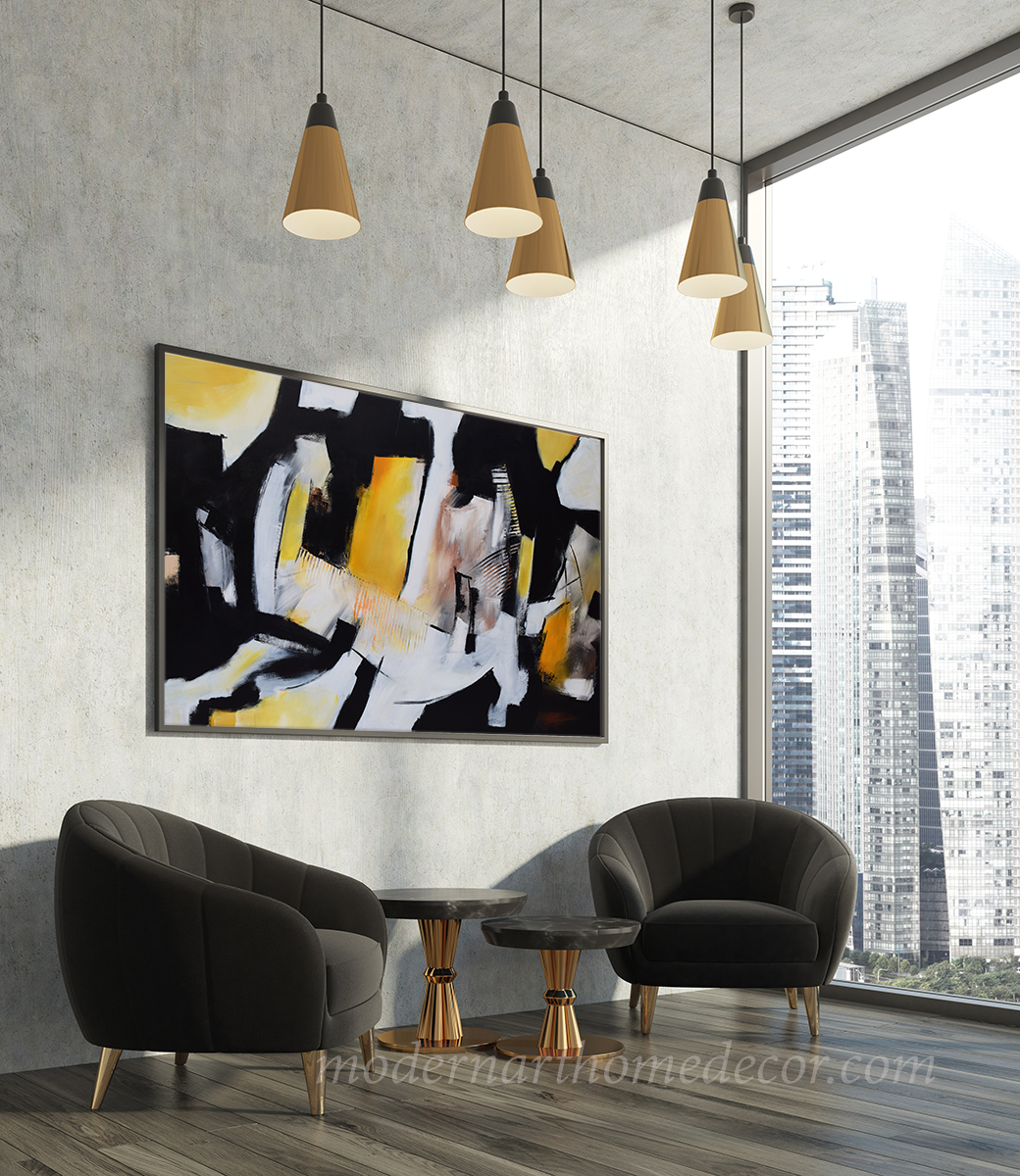 Concrete living room, black armchairs, poster