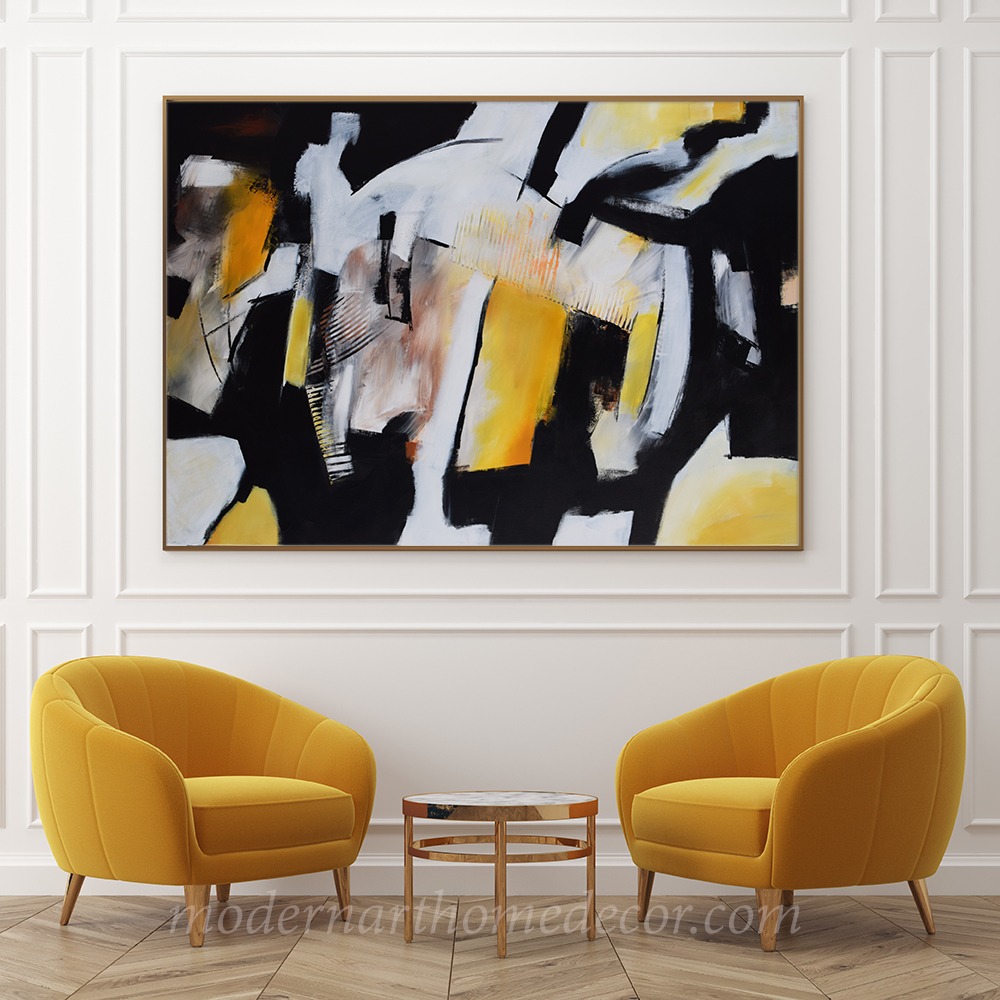 White living room, yellow armchairs, poster