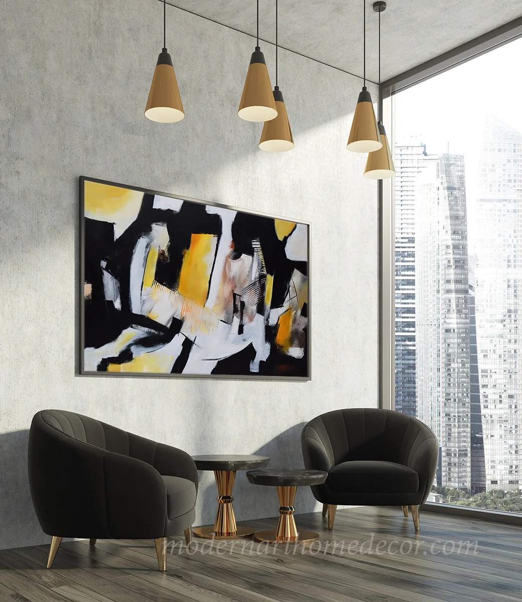Large Contemporary Painting,  Abstract Painting, Black, White, Yellow #RT004 