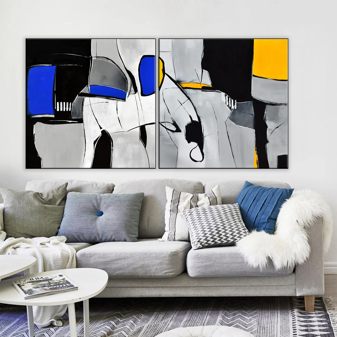 Set of two abstract minimalist painting on canvas Yellow, Blue, Grey, White, Black #ORG26