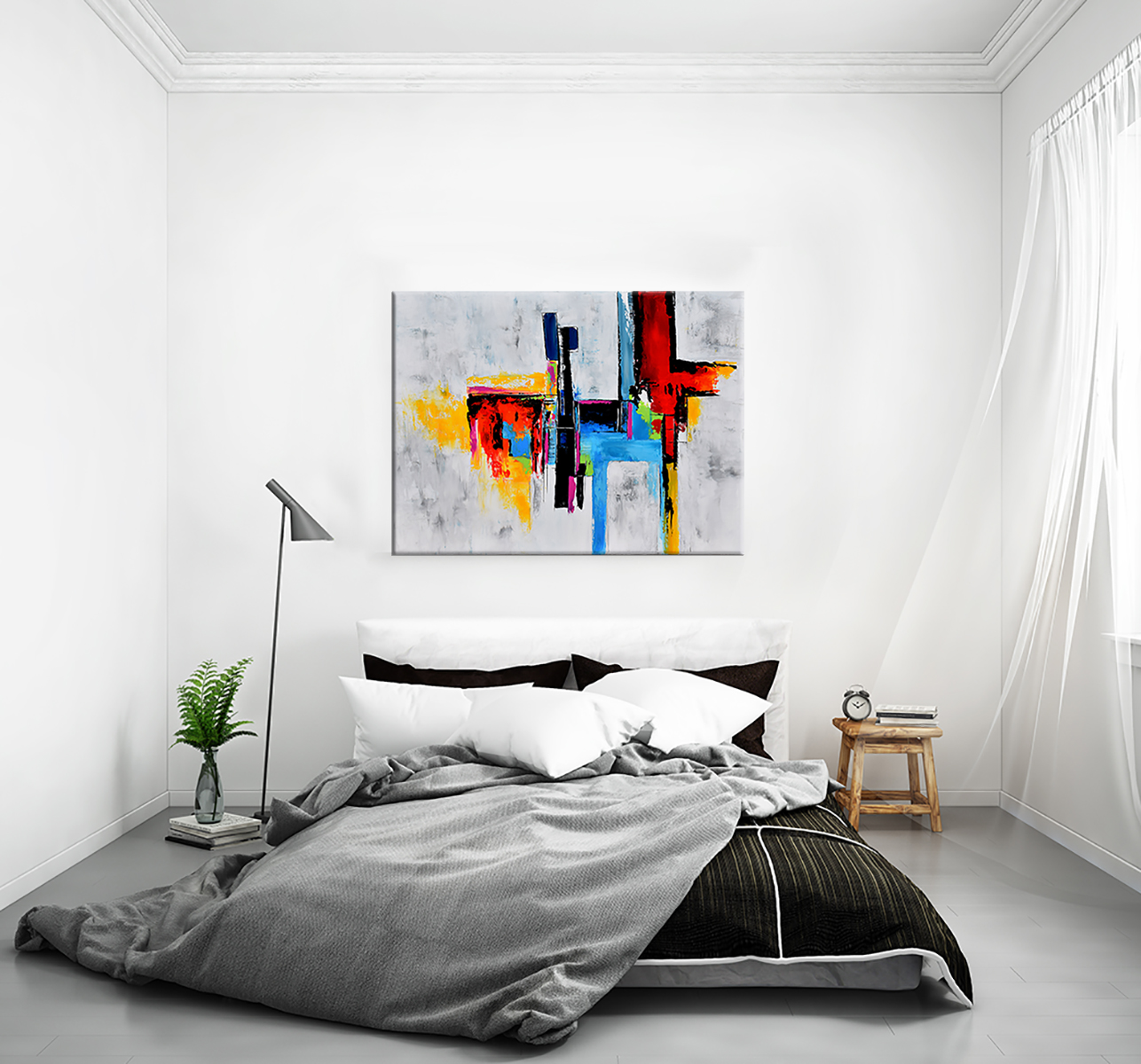 mock up blank poster on the wall of bedroom, 3D bedroom interior