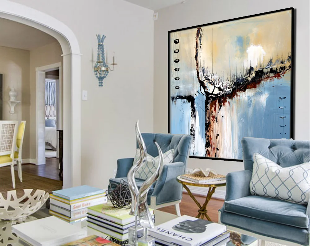 Abstract Large Palette Knife Painting On Canvas,  ORIGINAL Abstract Painting Minimalist Art,  Abstract Decor Large Contemporary Art Blue Cream Brown  #SQ025