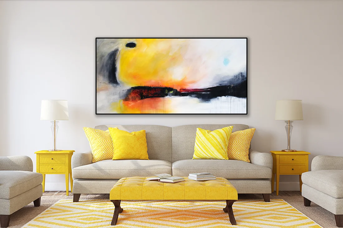 72x36 Large Contemporary Painting on Canvas, Modern Yellow Grey Orange Wall art #ORG06CR