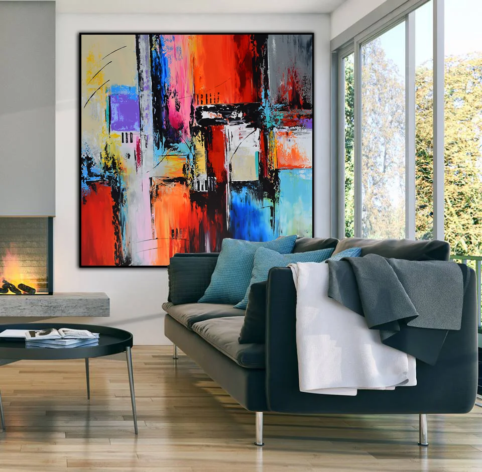 Large Abstract Square Painting on Canvas, Modern Wall Art Painting, Handmade Wall Art Decor red Orange Blue Grey #SQ02CR