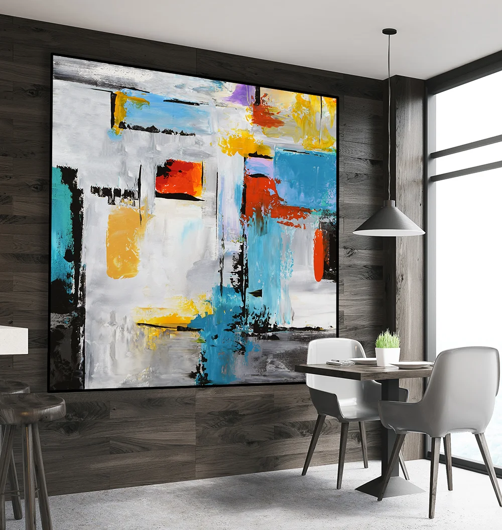 Large Abstract Contemporary Square Painting On Canvas, Modern Wall Art Painting, Handmade Original wall Decor Orange Blue Turquoise Aqua Grey #SQ04CR