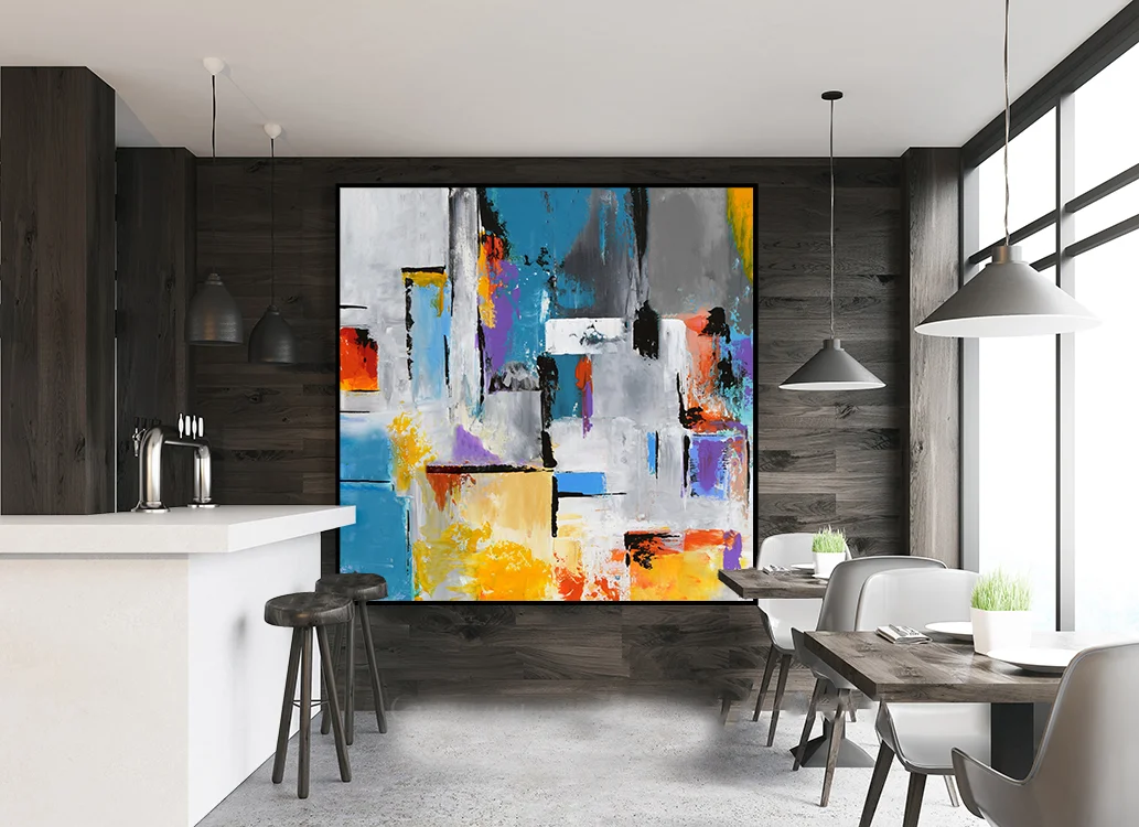 Large Abstract Contemporary Square Painting On Canvas, Modern Wall Art Painting, Handmade Original wall Decor Orange Blue Turquoise Aqua Grey #SQ05CR