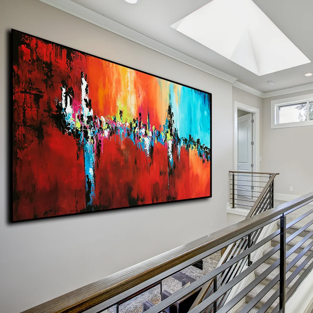 Large Contemporary Abstract Painting on Canvas, Panoramic Palette Knife, Colorful wall Art, Blue, Yellow, Orange, Red #PSL001CR