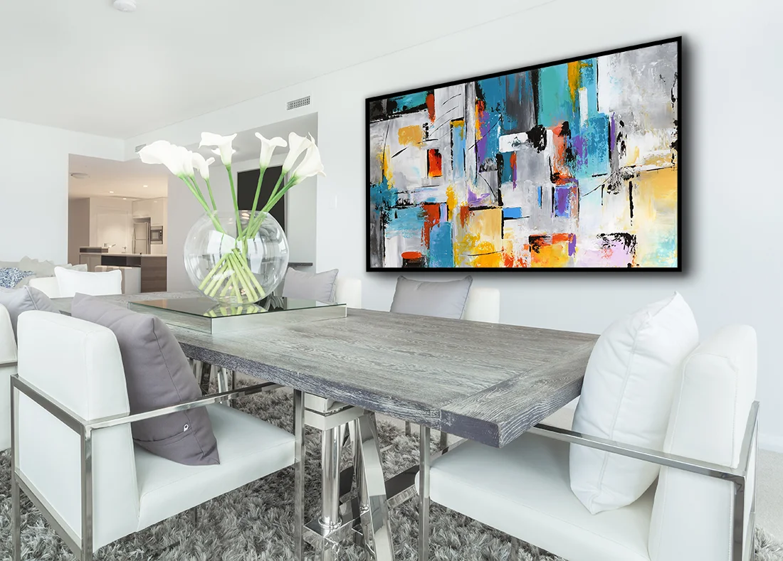 Large Contemporary Abstract Painting on Canvas , Panoramic Palette Knife Colorful Wall Art, Aqua, Turquoise, Purple, Grey #PSL02CR