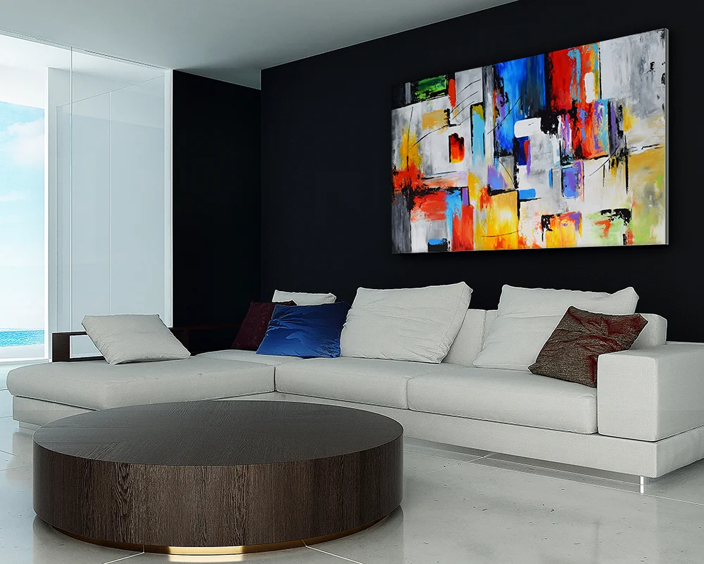 Large Contemporary Abstract Painting on Canvas , Panoramic Palette Knife Colorful Wall Art, Red, Orange, Blue, Yellow,Purple , Grey #PSL03CR
