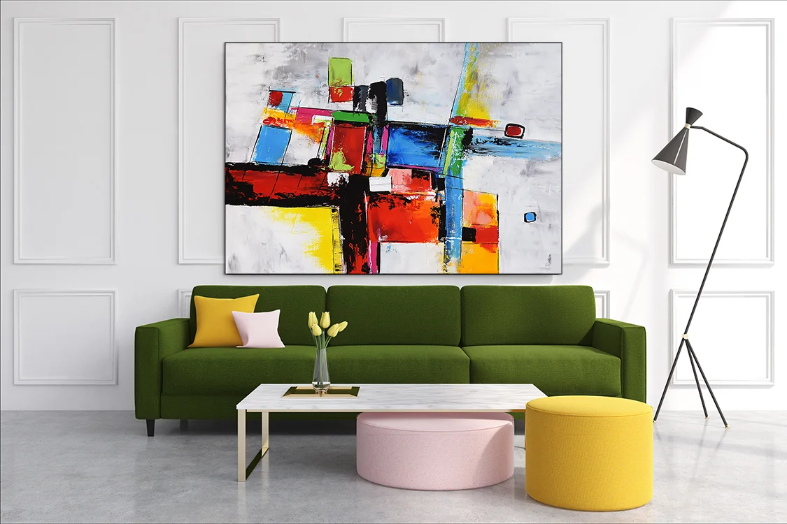 White living room, green sofa