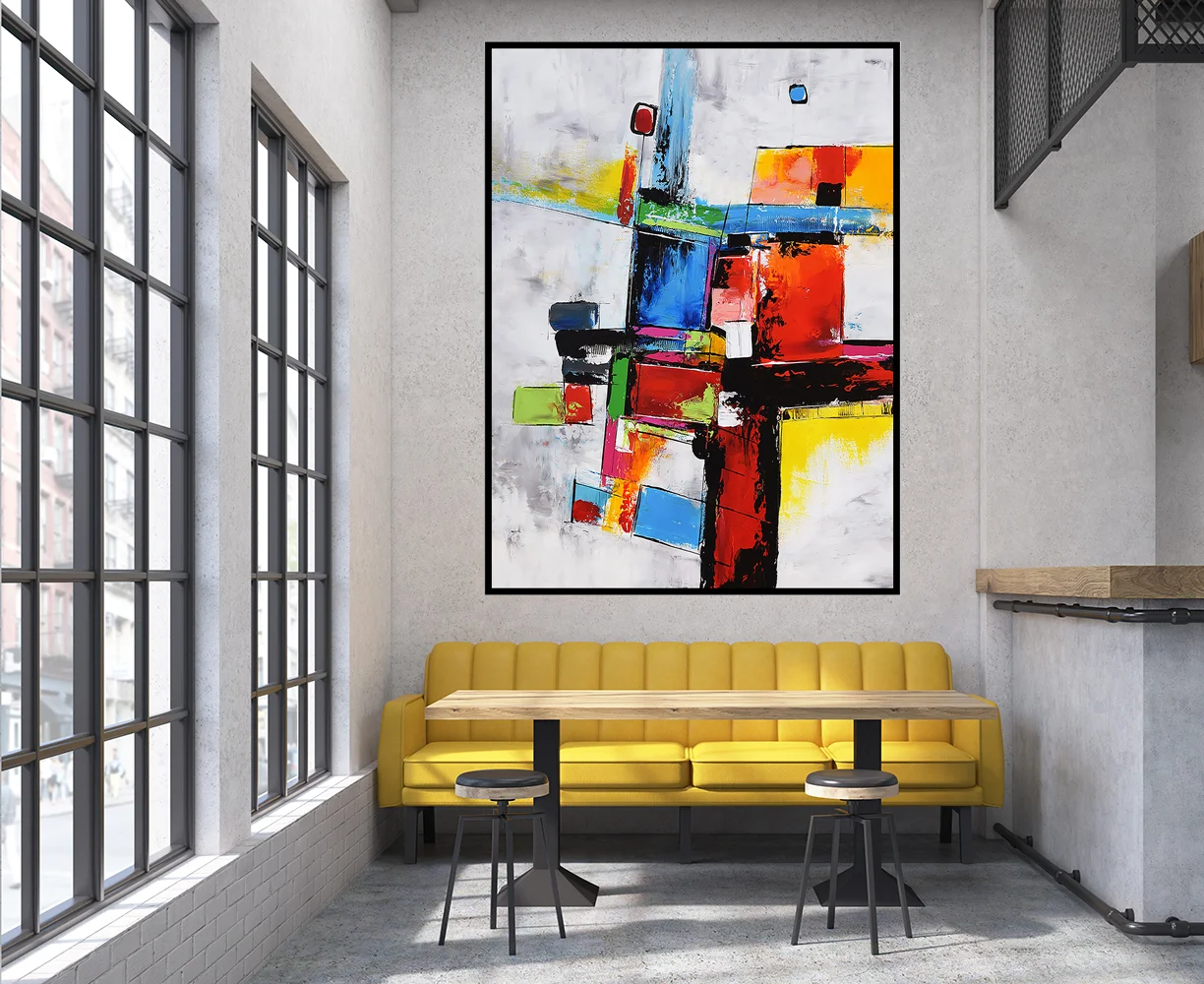 Large Contemporary Abstract Painting on Canvas, Rectangular Palette Knife Colorful Wall Art, Red, Orange, Blue, Gray #RT001CR