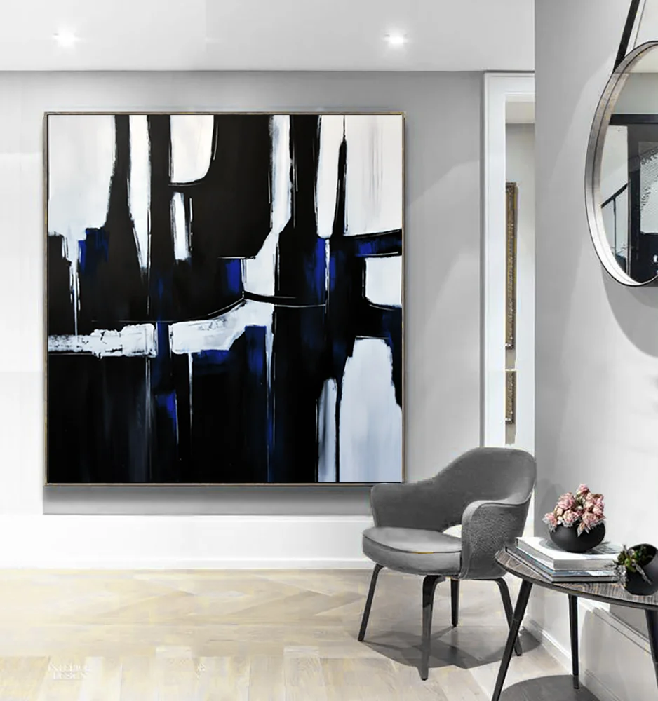 Original Large Abstract Art Painting On Canvas Black White Blue wall  art Large Acrylic Painting On Canvas Minimalist Abstract Painting #BWB01CR